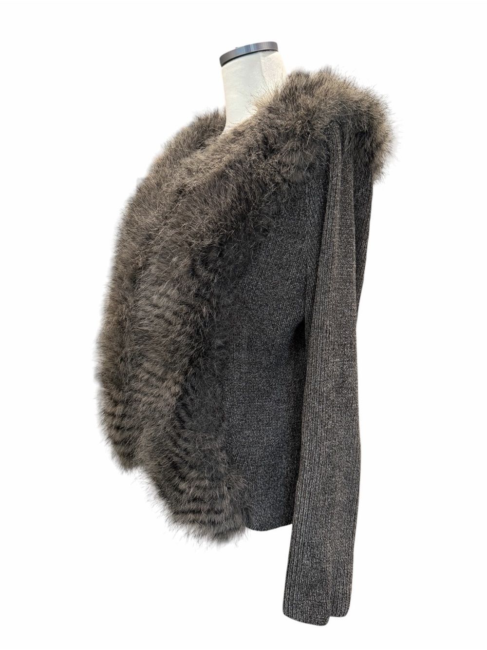 Lisa International Faux Fur Trim Knit Sweater Jacket Y2K Retro Brown Gray XL - Picture 3 of 10